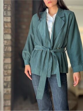 Vintage 80's Tie Back Soft Green Silk Satin Lightweight Blazer Top